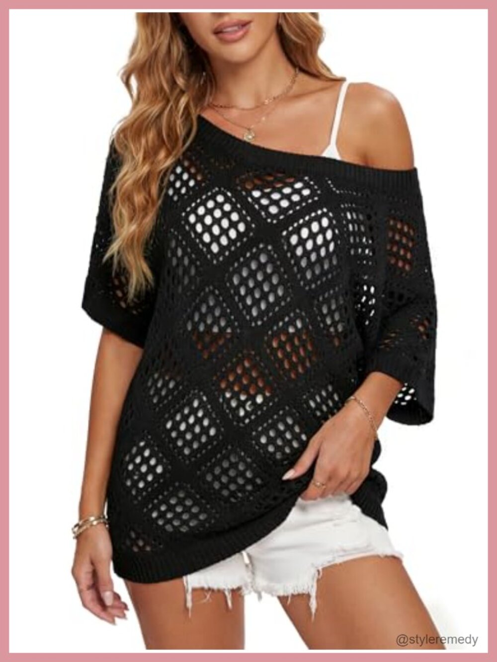 Women's Off Shoulder Crochet Cover Up Short Sleeve Oversized Beach Top